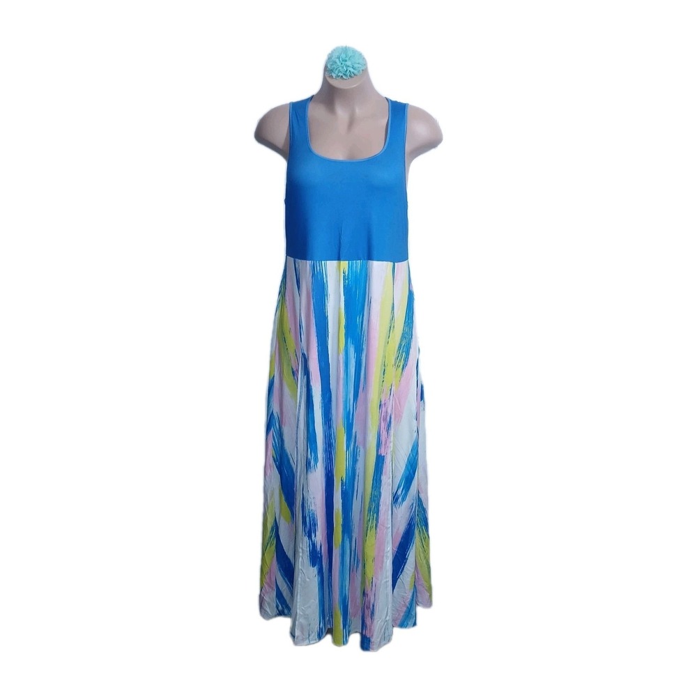 Double High Split Women Tank Maxi Dress 3XL Blue Paint Stroke Beachy Sexy Long